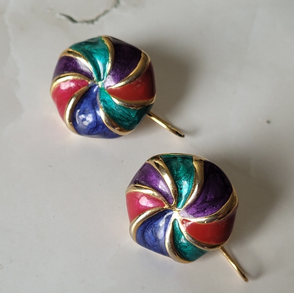 Vintage Made In USA Spiral Circle Purple Green Blue Red Pierced Earrings - Picture 3 of 4